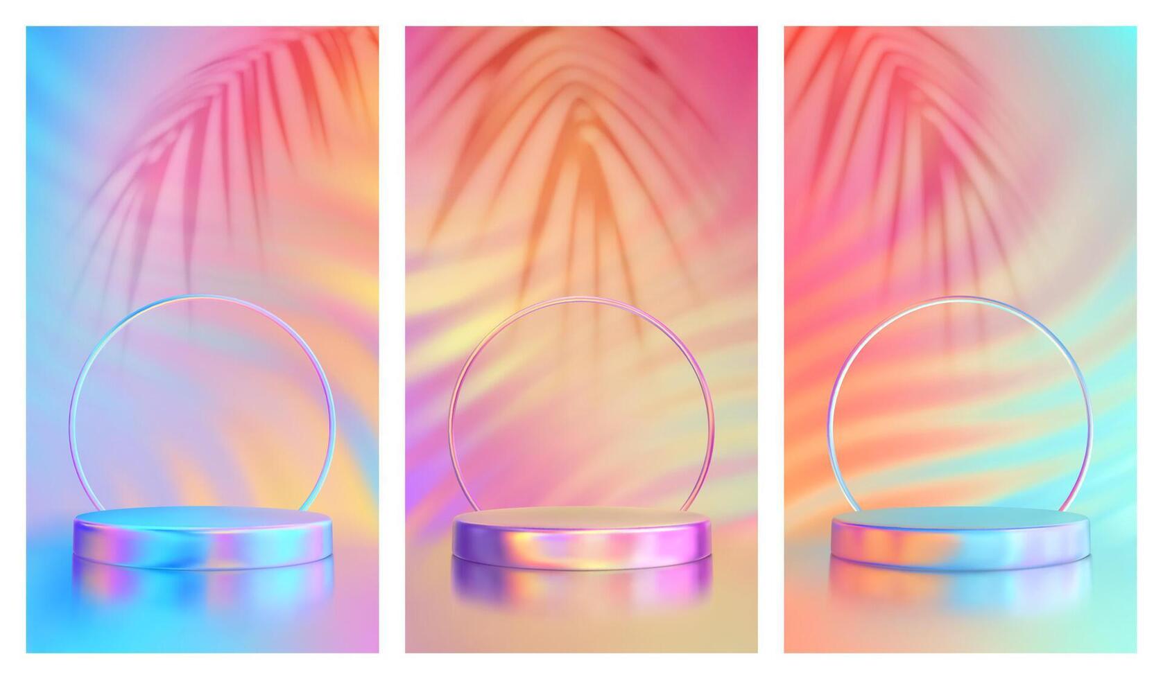 Summer product podium set. Summer sale podium with a palm leaves shadows. Pedestal, platform for product presentation. Bright colorful iridescent summer colors. Sunset, sunrise sky colors. . vector