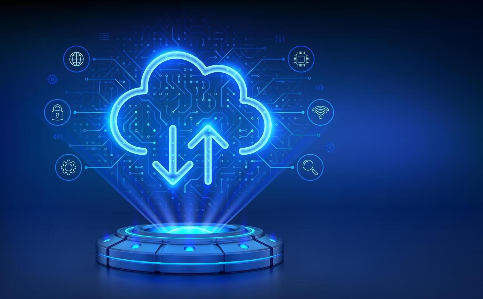 Cloud computing service. Holographic platform with glowing rays forming a projection of a Cloud Storage. Database storage, Data center. Upload download app. Circuit board pattern. illustration. vector