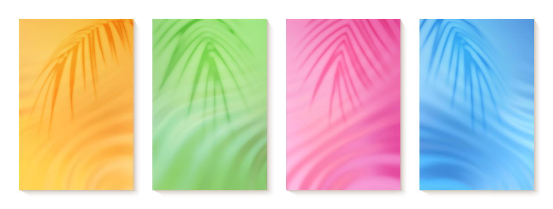 Summer gradient backgrounds set. Bright colorful summer colors. Summer bright and juicy cards set with a palm leaves shadows. Orange, yellow, green, purple, red, blue. Great for poster, banner. vector