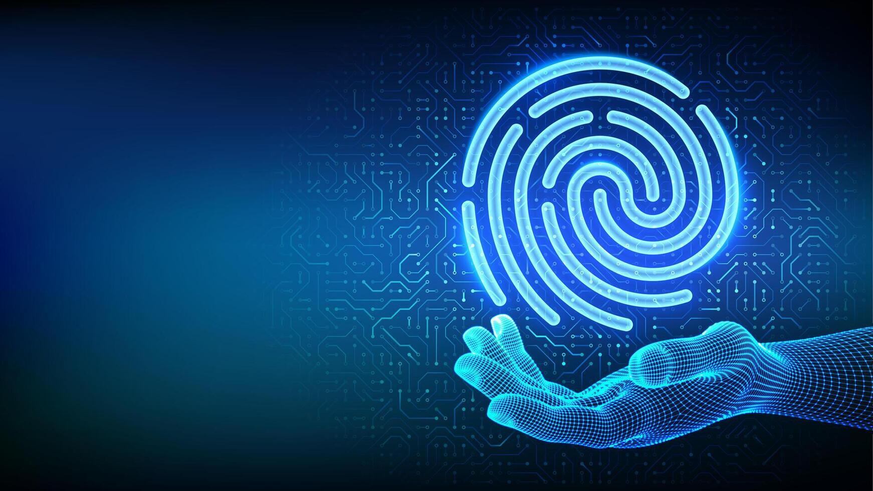 Biometric identification. Personal data protection. Cyber security. Password control. Private secure safety. Fingerprint icon in wireframe hand on circuit board pattern background. Illustration vector