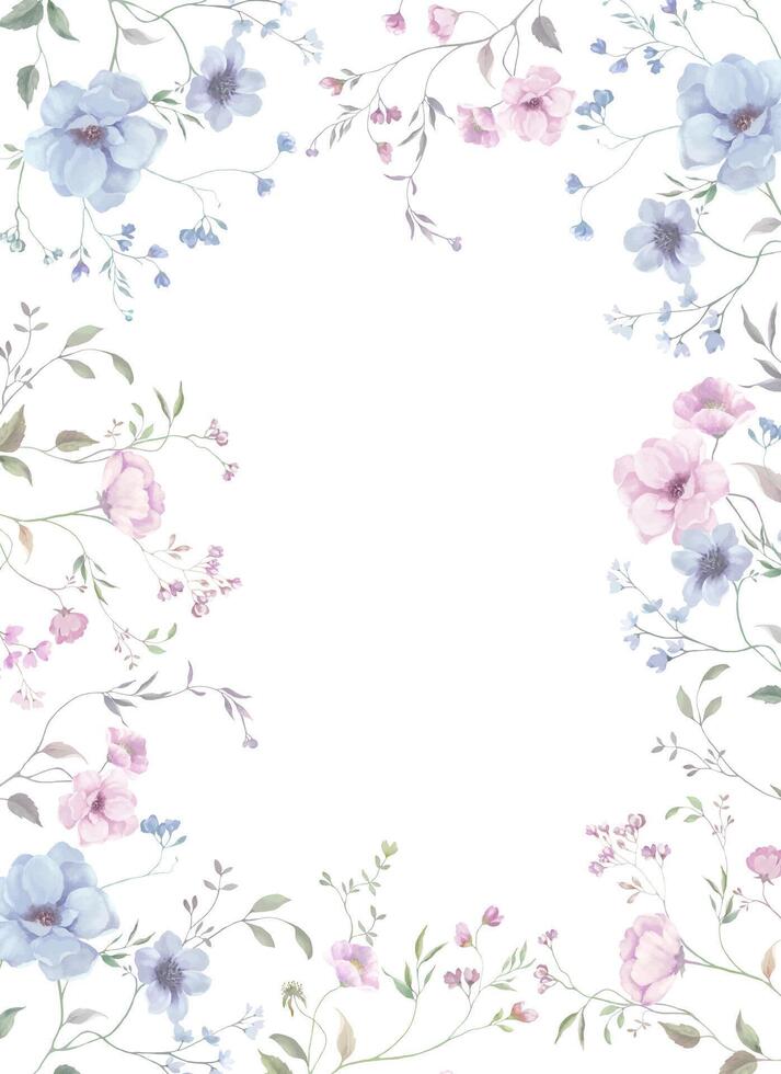 Watercolor floral frame with pink and blue flowers. Hand-drawn floral illustration. vector