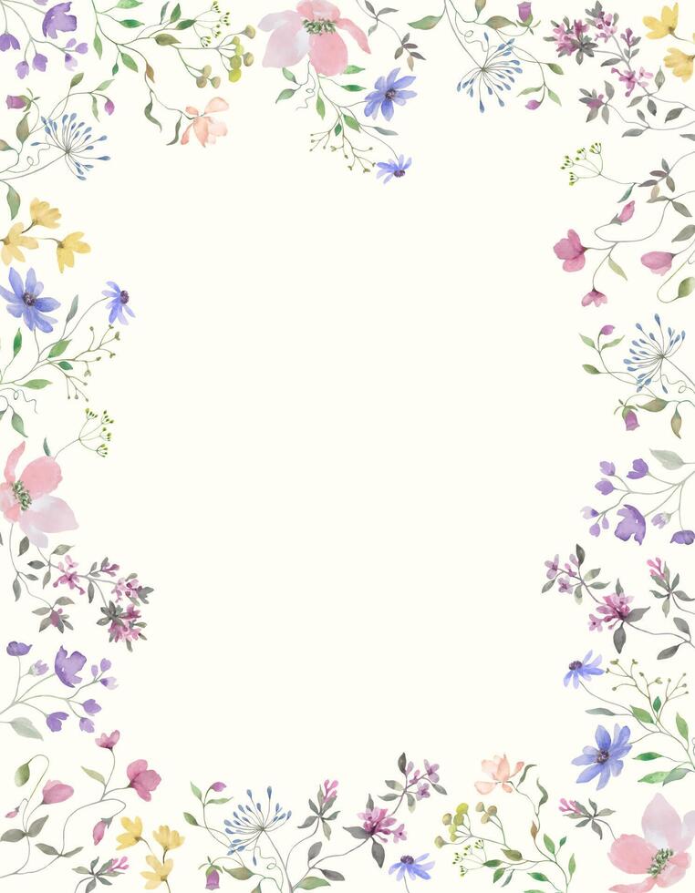 Watercolor floral frame with delicate wildflowers. Hand-drawn floral illustration isolated on pastel background. vector