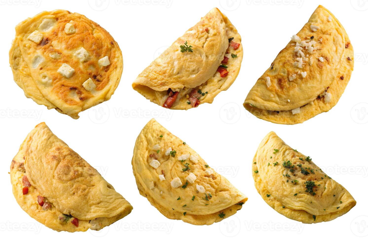 Omelets with varied fillings including cheese and vegetables prepared for breakfast or brunch on a white background photo