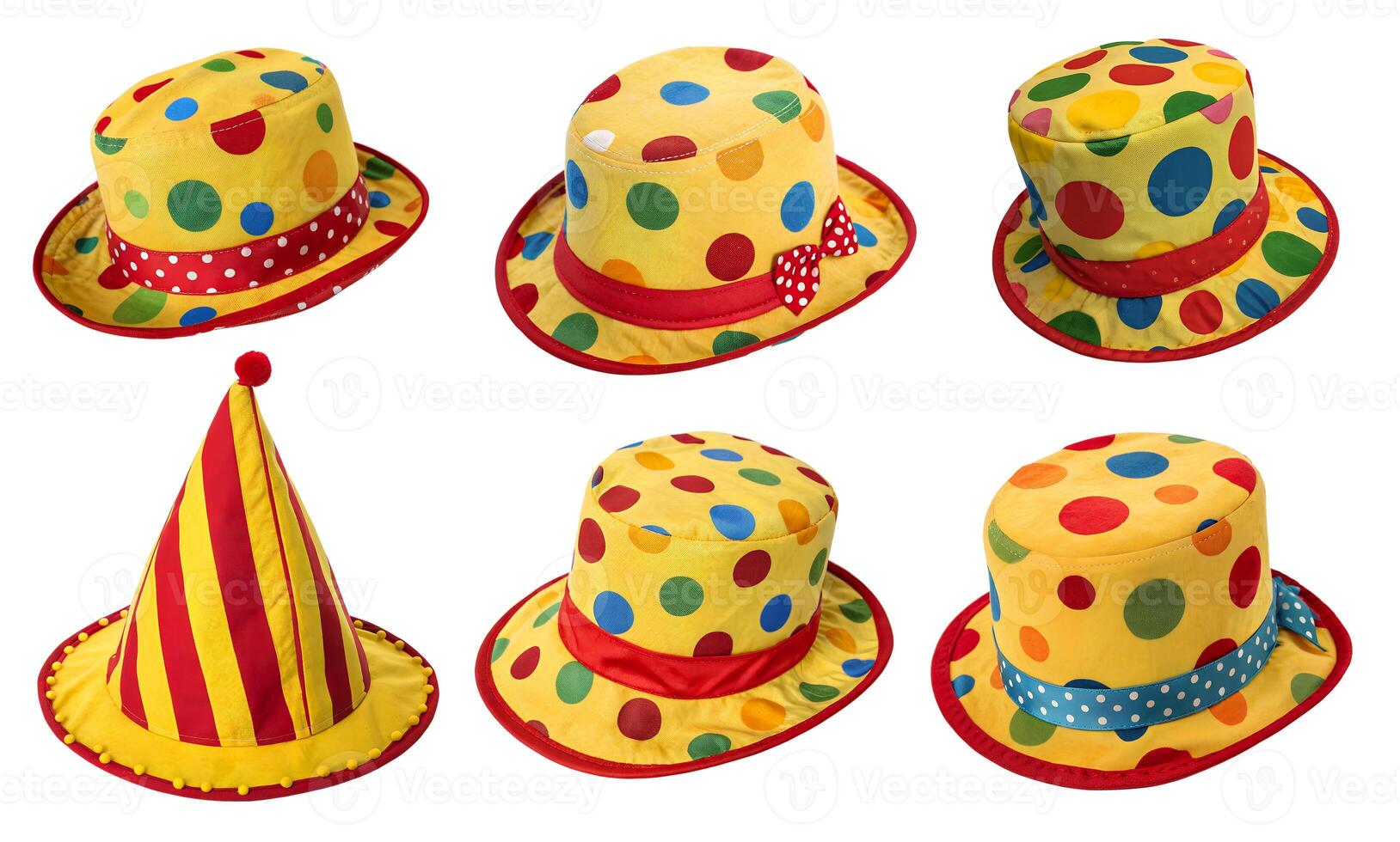 Six hats for party or clown costumes, including one party hat and five clown hats photo