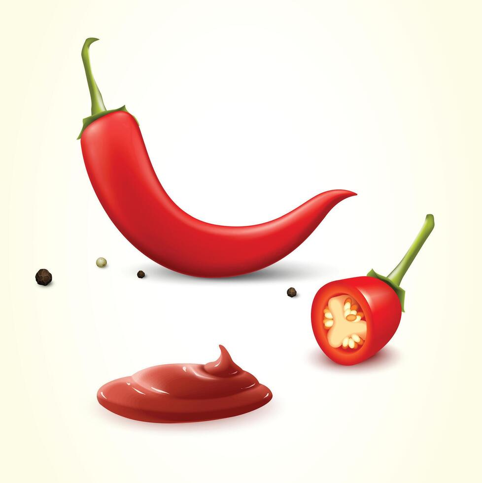 Realistic Illustration of Red Chili Peppers and Hot Sauce vector
