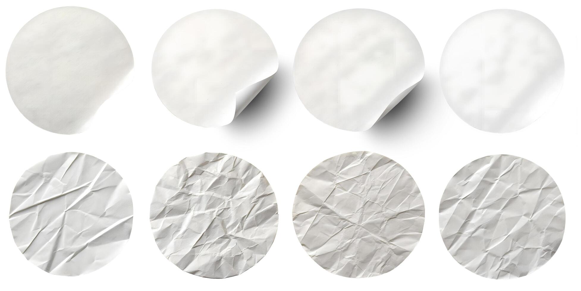 Various textures of white paper displayed in circular shapes showing smooth and crumpled surfaces photo