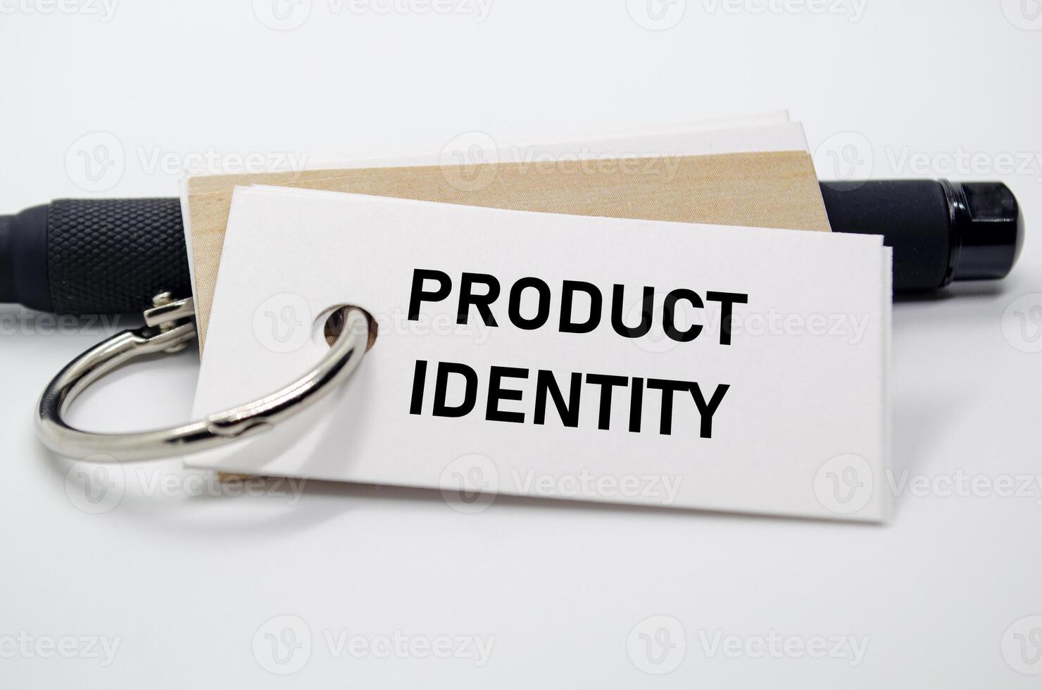 Product identity concept on white note with metal ring and pen, showing product-specific branding. photo