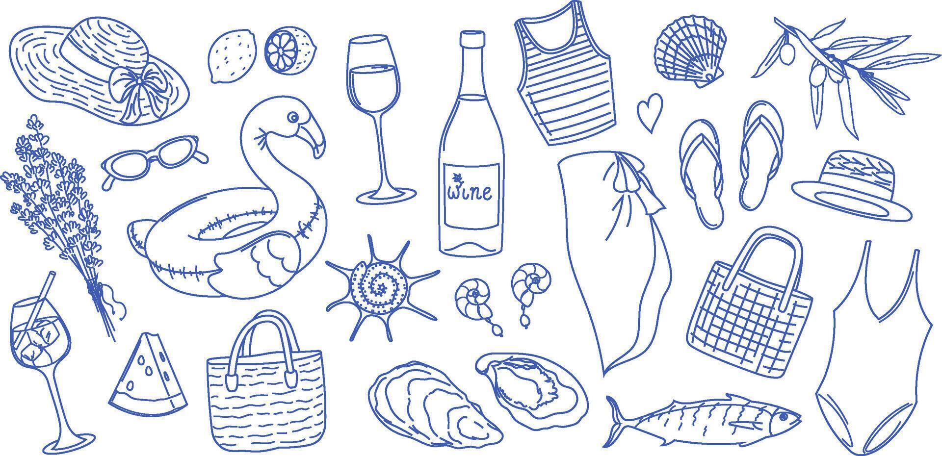 illustrations of summer elements in hand-drawn linear style Outline icons collection beachwear, seafood, drinks, accessories and shells. Design set for vacation themes design, print, decoration vector