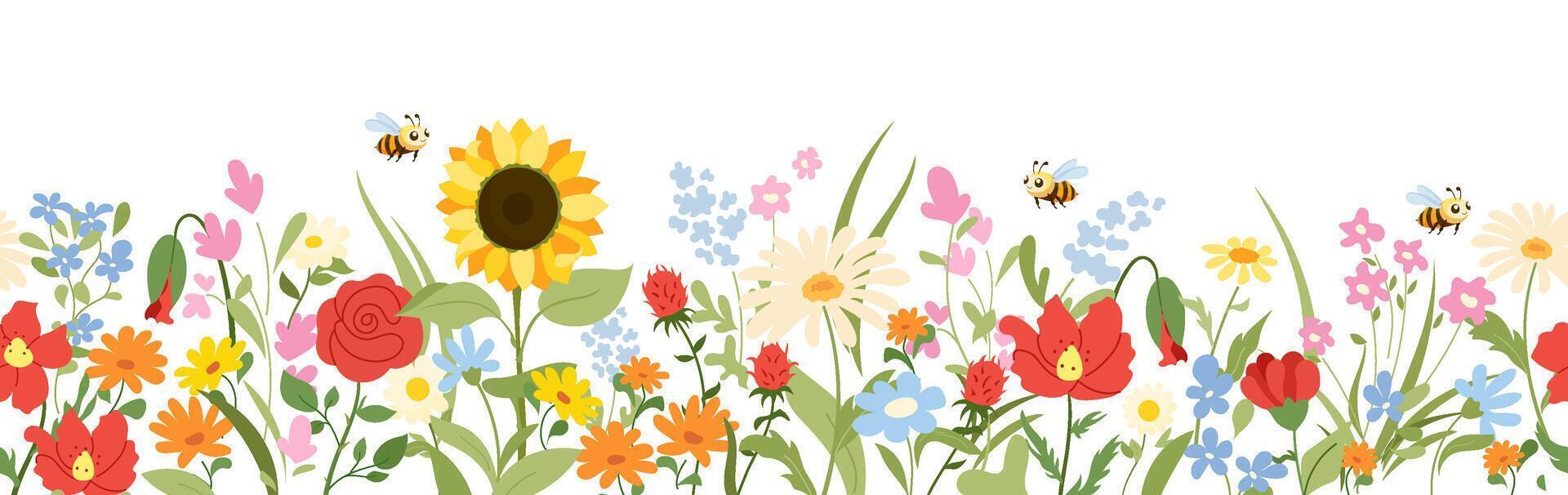 Seamless horizontal banner wildflower and bees. Floral border. Rustic summer meadow with poppies, sunflowers, daisies and field plants. pattern for natural design, print, decor and packaging vector