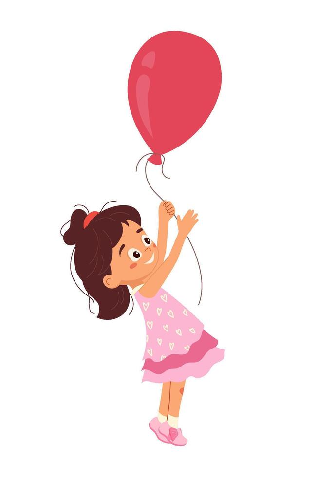 Happy little girl in holding big red balloon Cheerful child character playing with ballon Cartoon design element for kids celebration design, greeting cards, poster, flyer party illustration vector