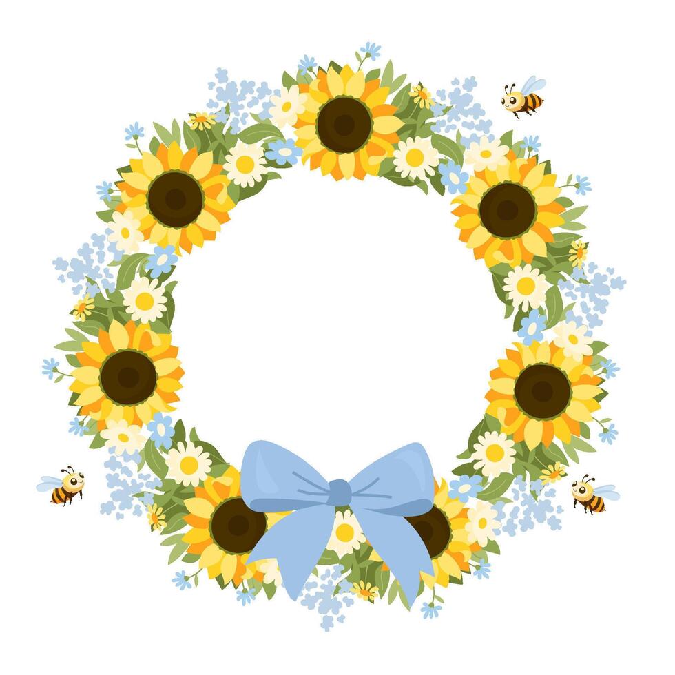 Summer floral wreath with sunflower and bee Bright wildflower frame with ribbon for greeting card, eco packaging, seasonal print Joyful flat illustration Flower design element with meadow plant vector