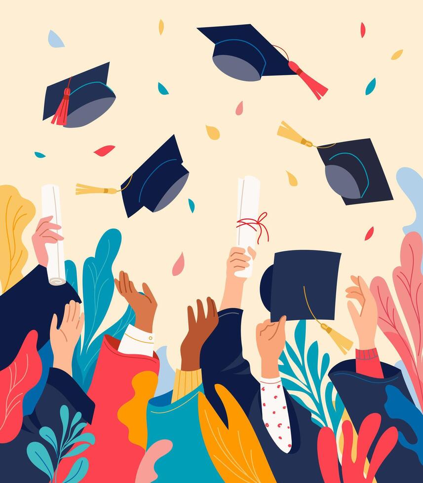 Happy diverse students holding diplomas and throwing graduation caps. Celebration of success, achievement, end of college. Festive design for invitation or banner education concept illustration vector