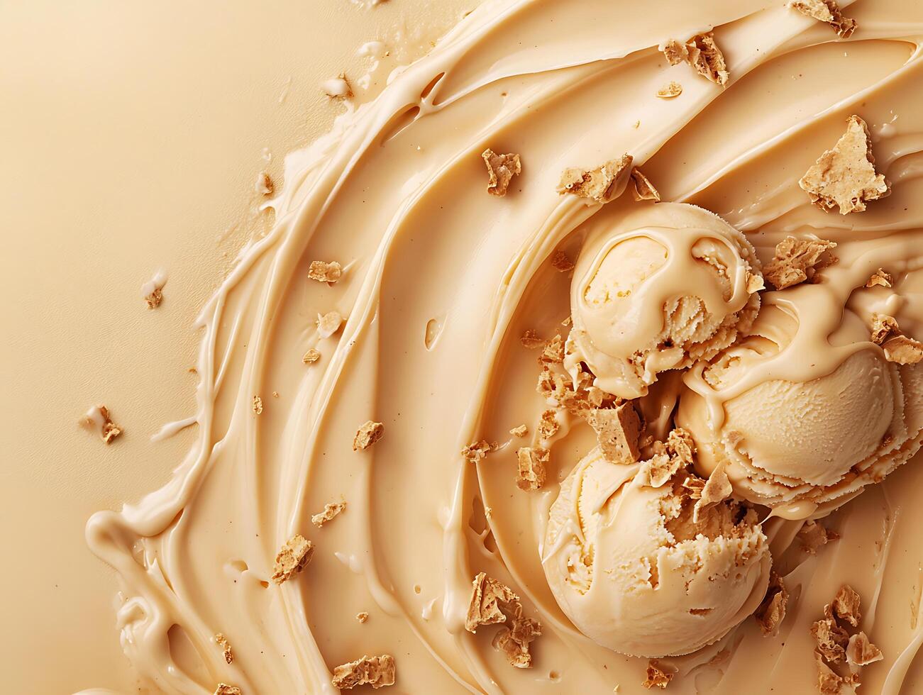 Caramel ice cream with toffee pieces, top view photo