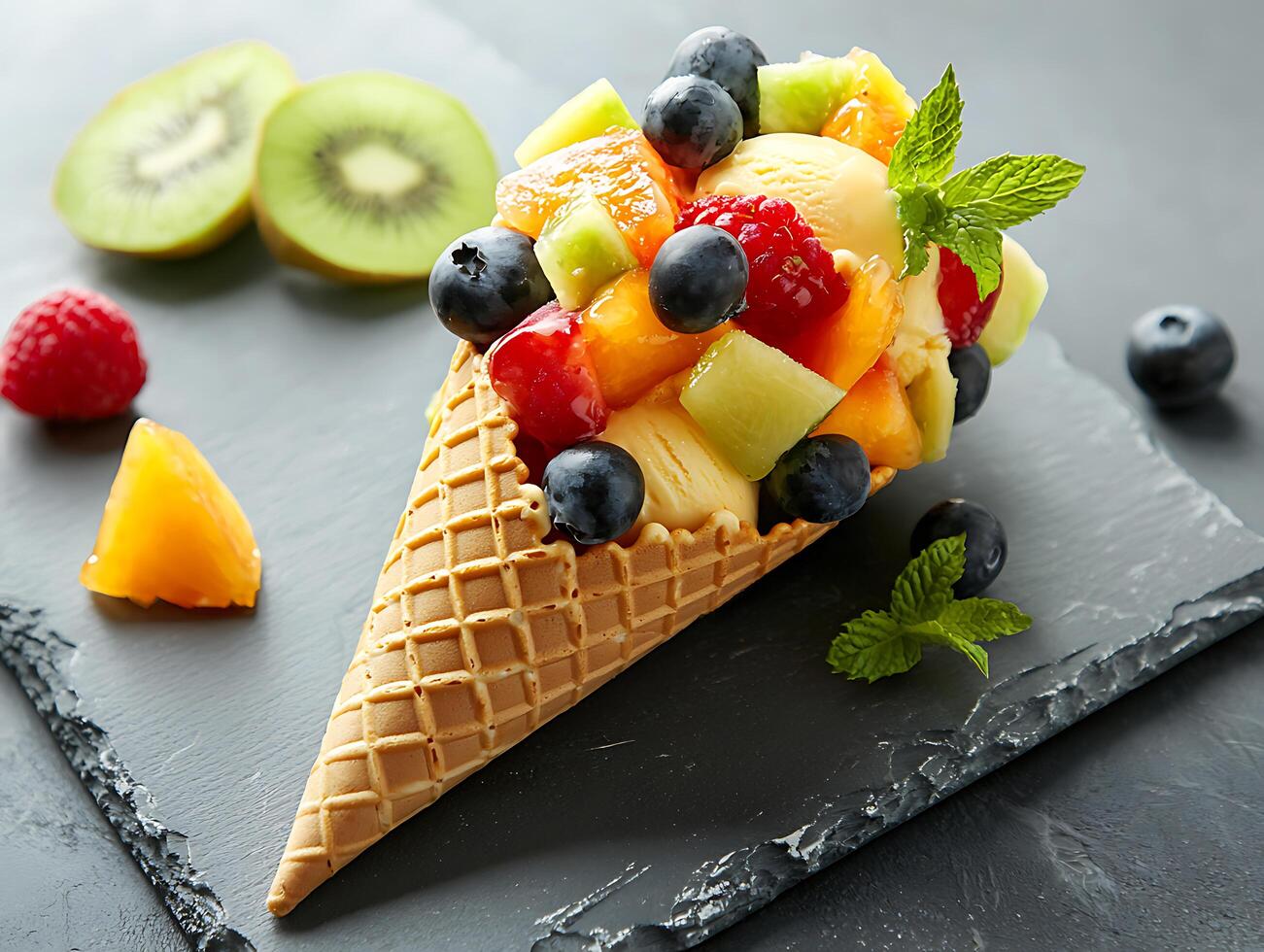 Vertical tropical fruit ice cream cone with studio lights, top view photo