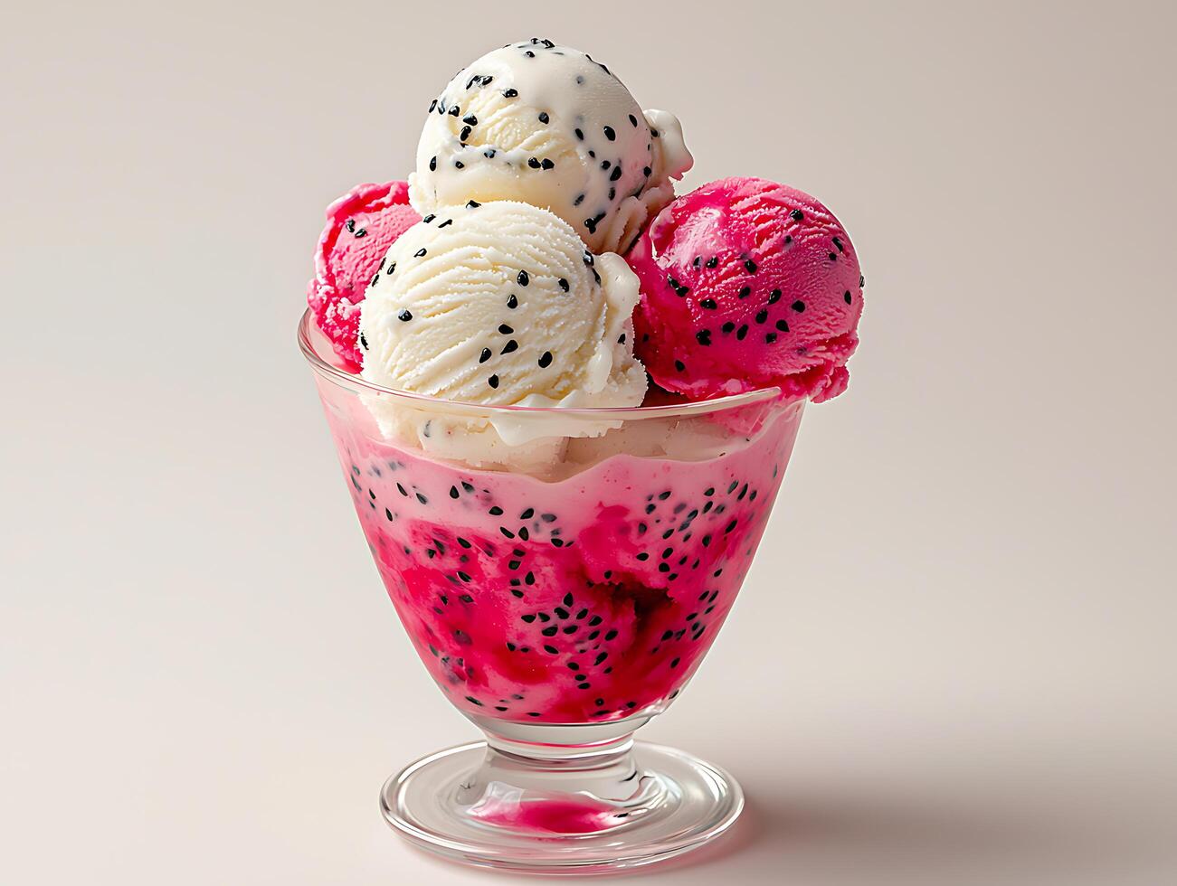 Dragon fruit ice cream served in a modern glass cup with a soft shadow photo