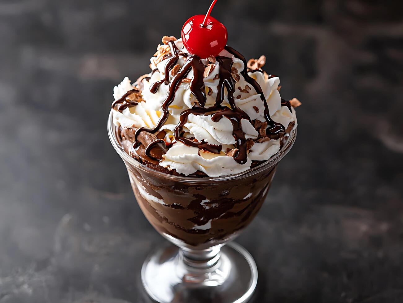 Chocolate ice cream sundae with whipped cream and cherry photo