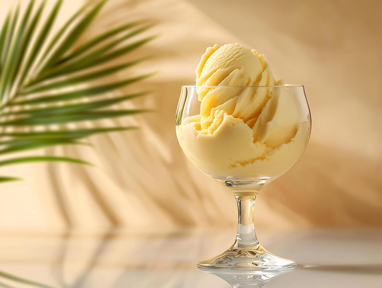 Pineapple ice cream in a glass with palm leaf shadow in the background photo