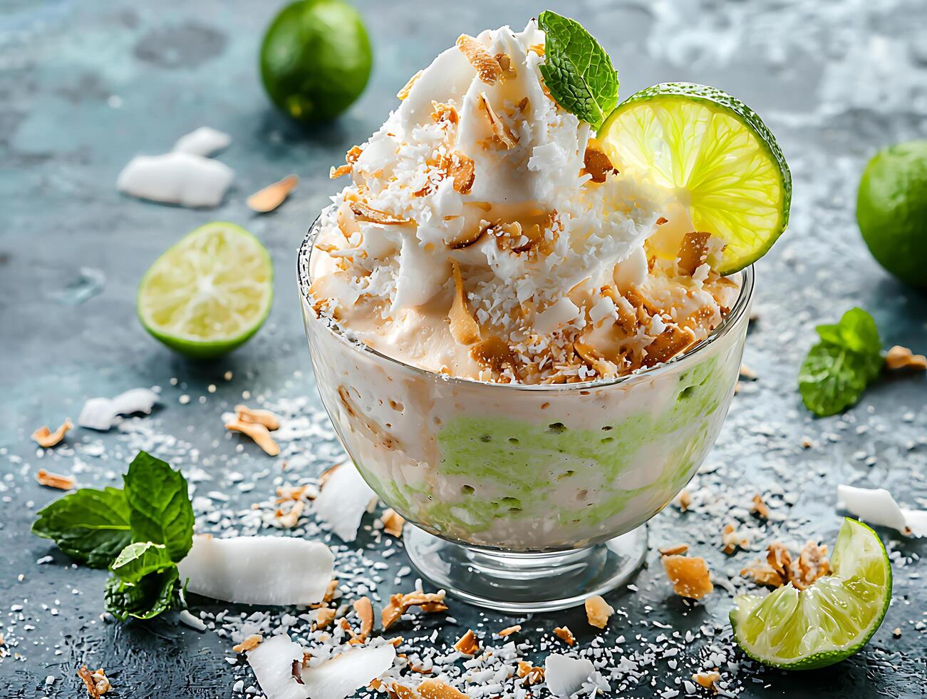 A tropical sundae with lime slices, mint, and coconut flakes, studio light photo