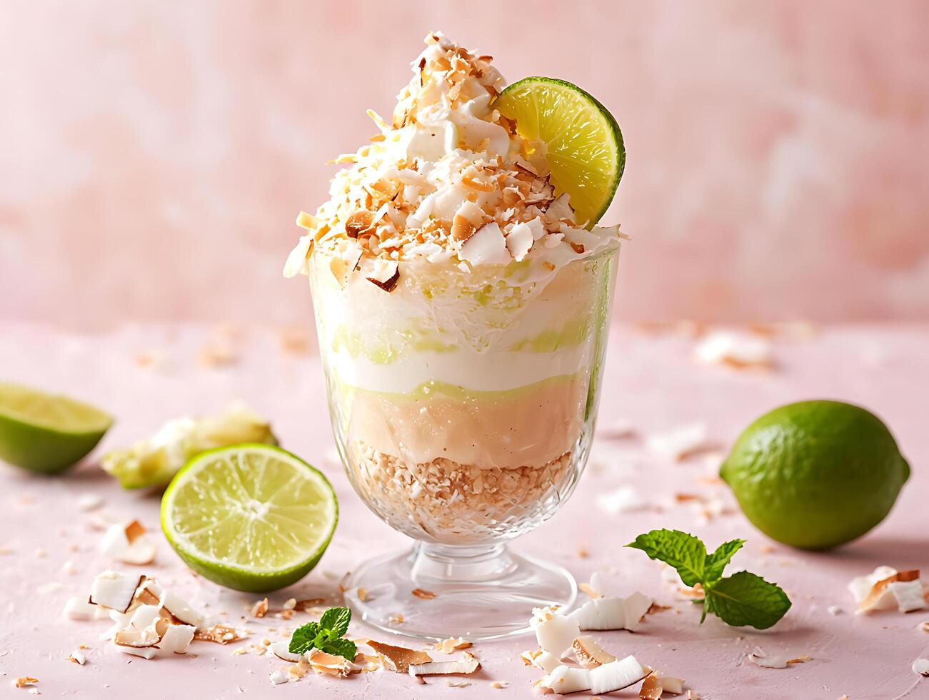 A tropical sundae with lime slices, mint, and coconut flakes photo