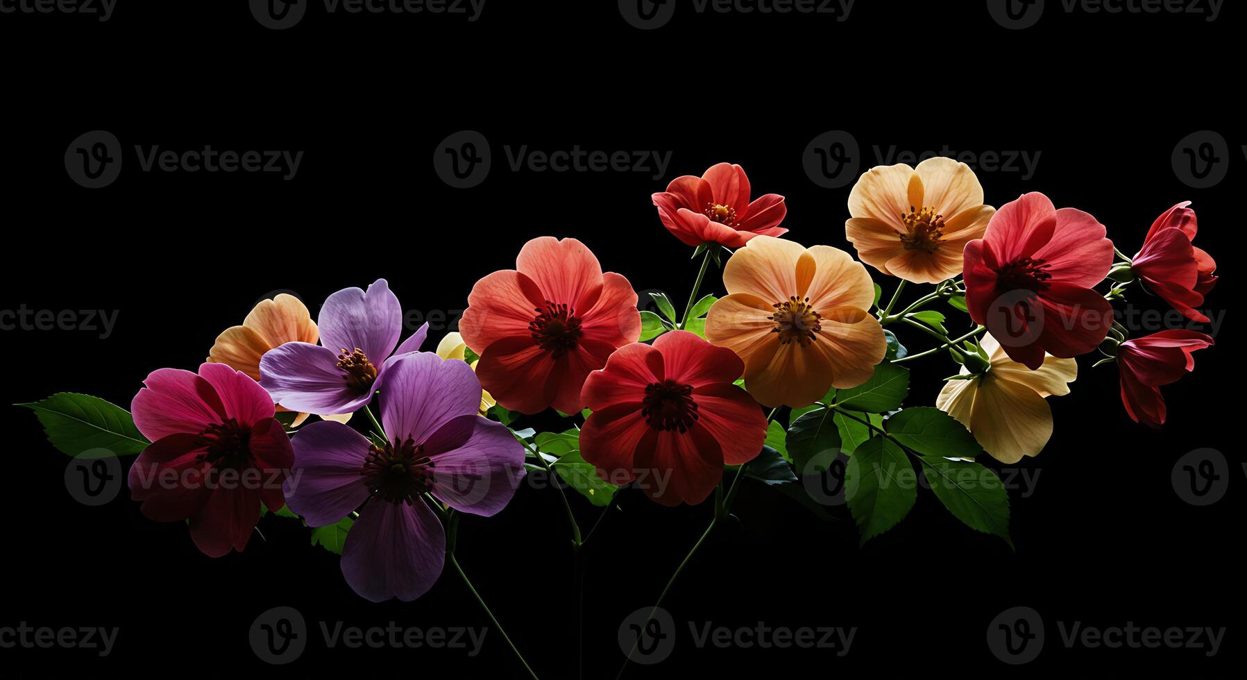 A bunch of colorful flowers are shown against a black background photo