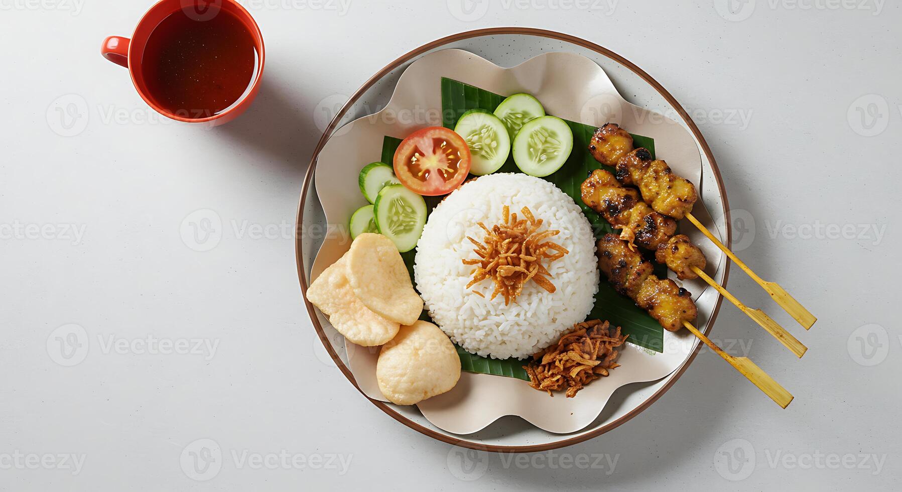 A plate with rice, meat and vegetables on it photo