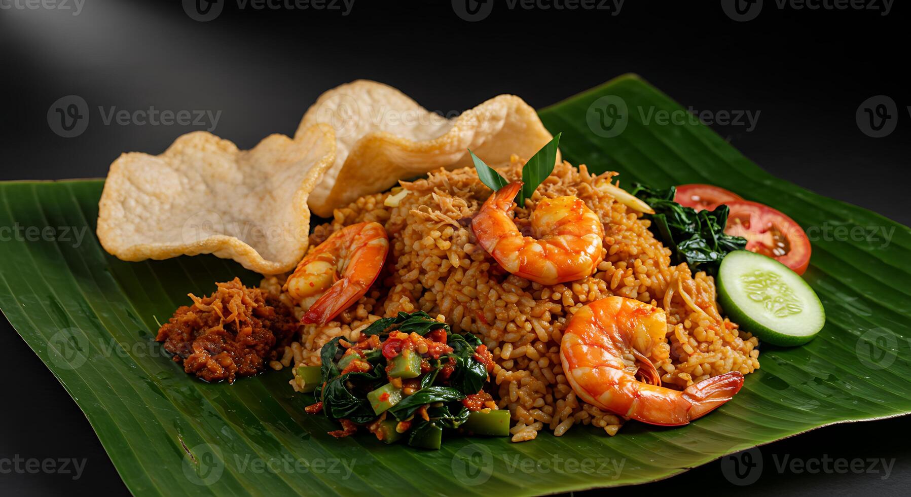 A plate with rice, shrimp and vegetables photo