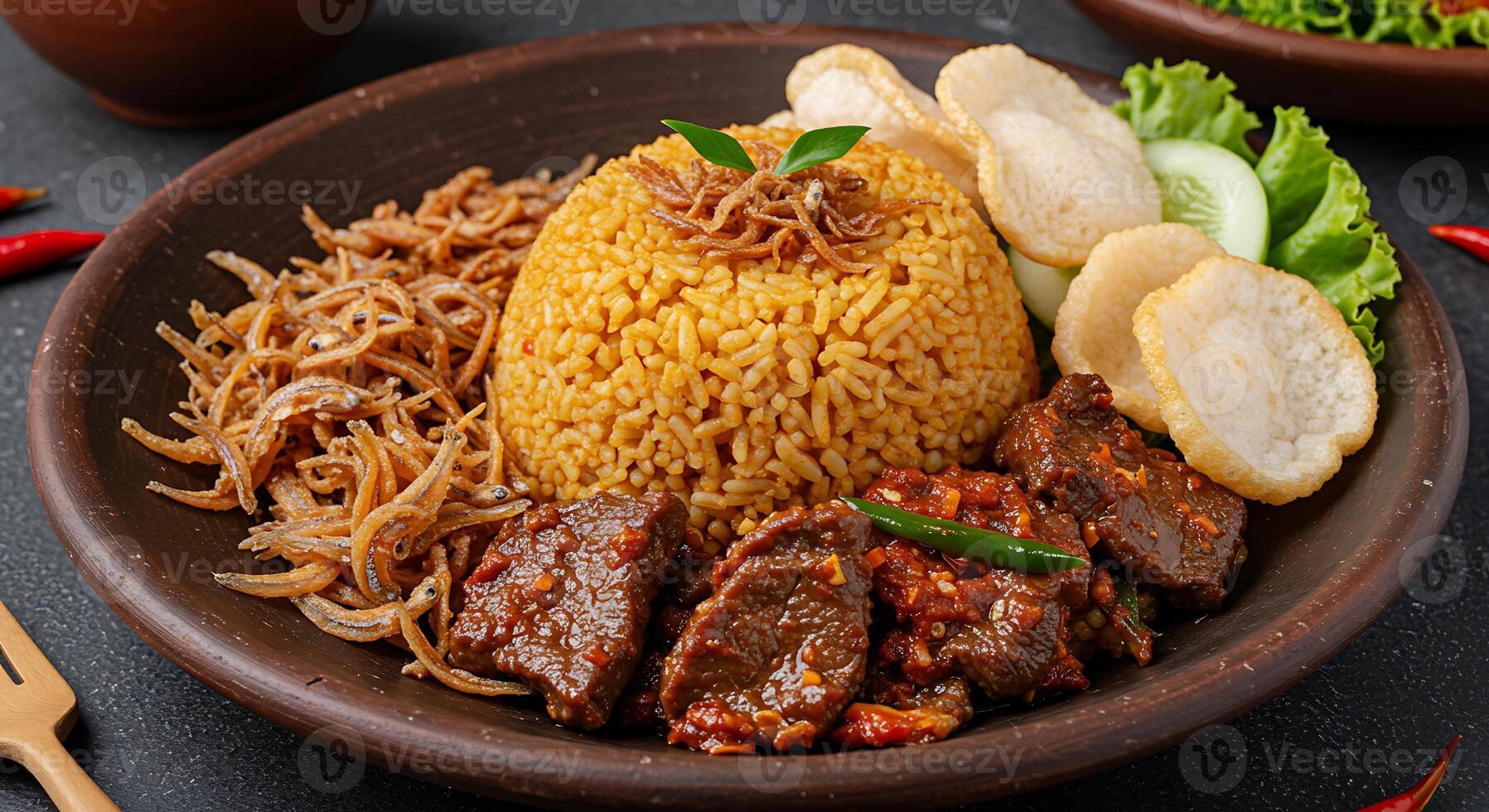 A plate of food with rice, meat and vegetables photo