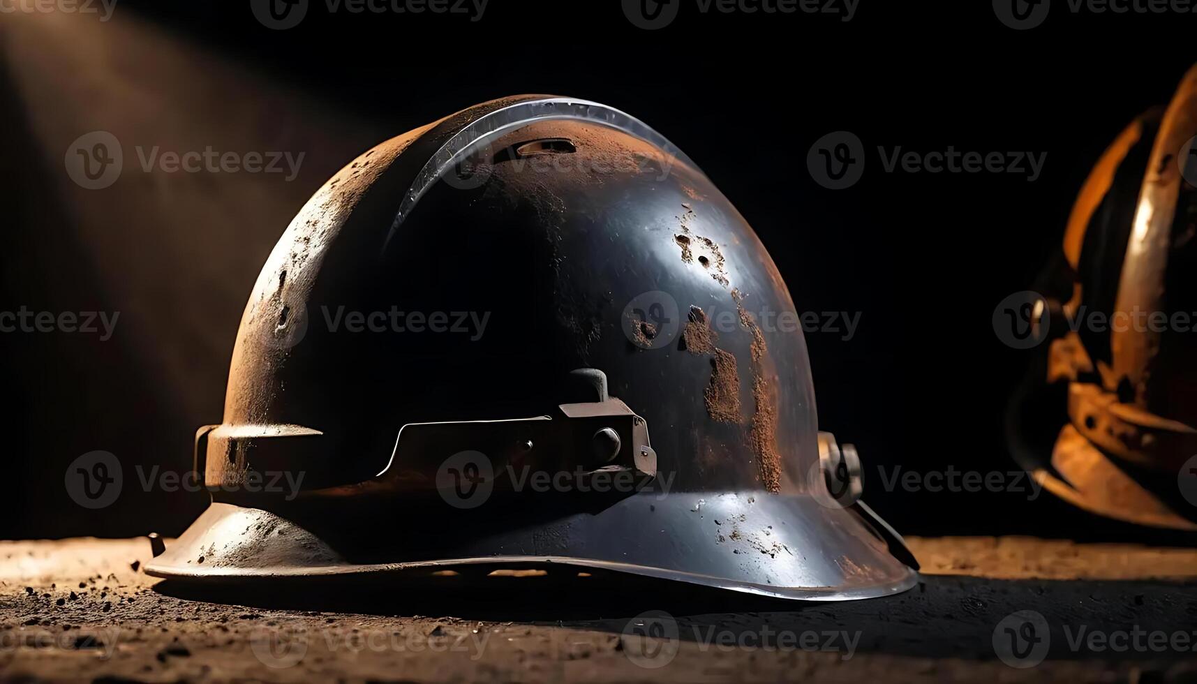 Two old helmets sitting on a table photo