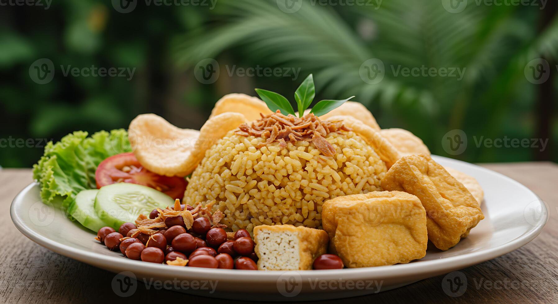 A plate of rice with fried tofu, vegetables and peanuts photo