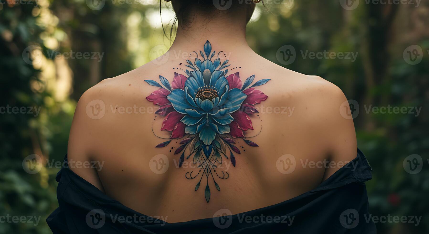 Woman Showing Floral Tattoo on Back in Forest Setting photo