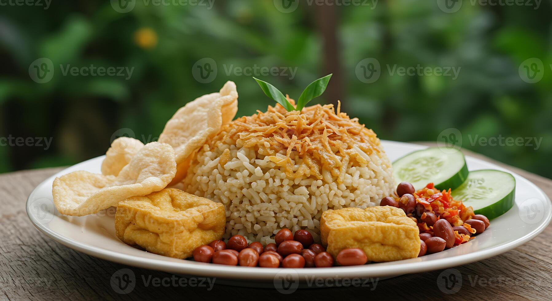 A plate of rice with vegetables and tofu on a wooden table photo