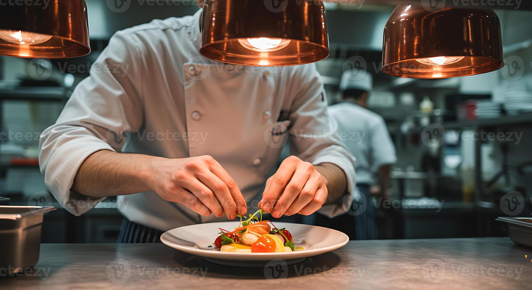 Chef Plating Food in Professional Kitchen Setting photo