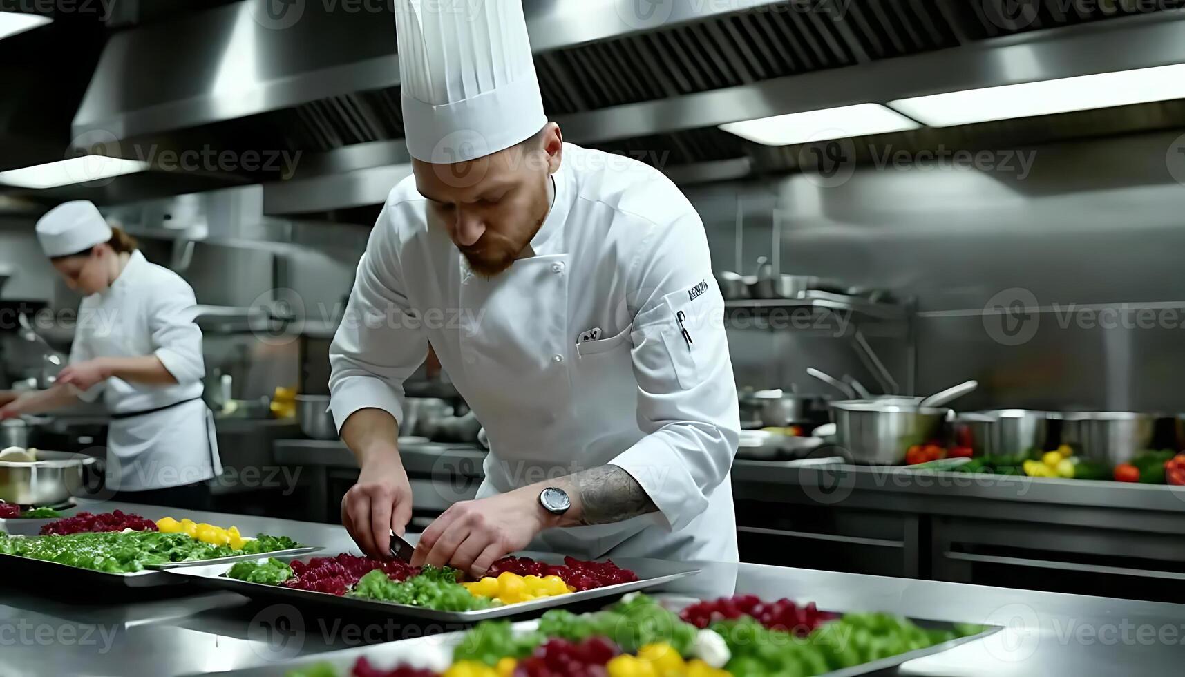 Chefs preparing food in a commercial kitchen photo