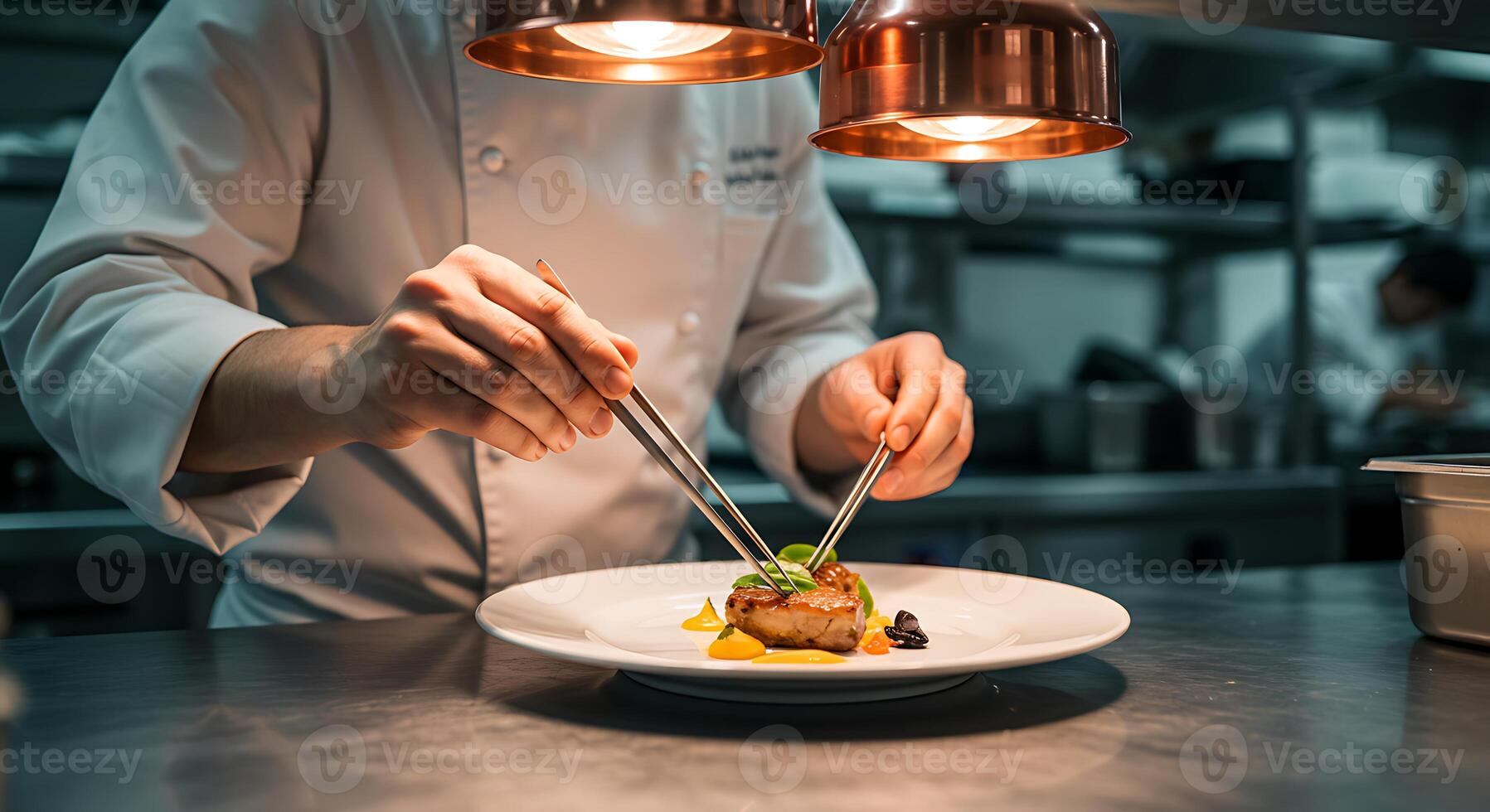 Chef Plating Food with Precision Tweezers in Restaurant Kitchen photo