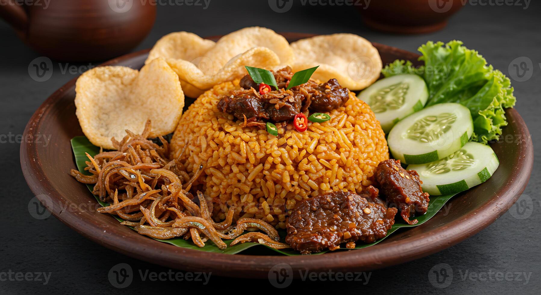 A plate of food with rice and meat photo