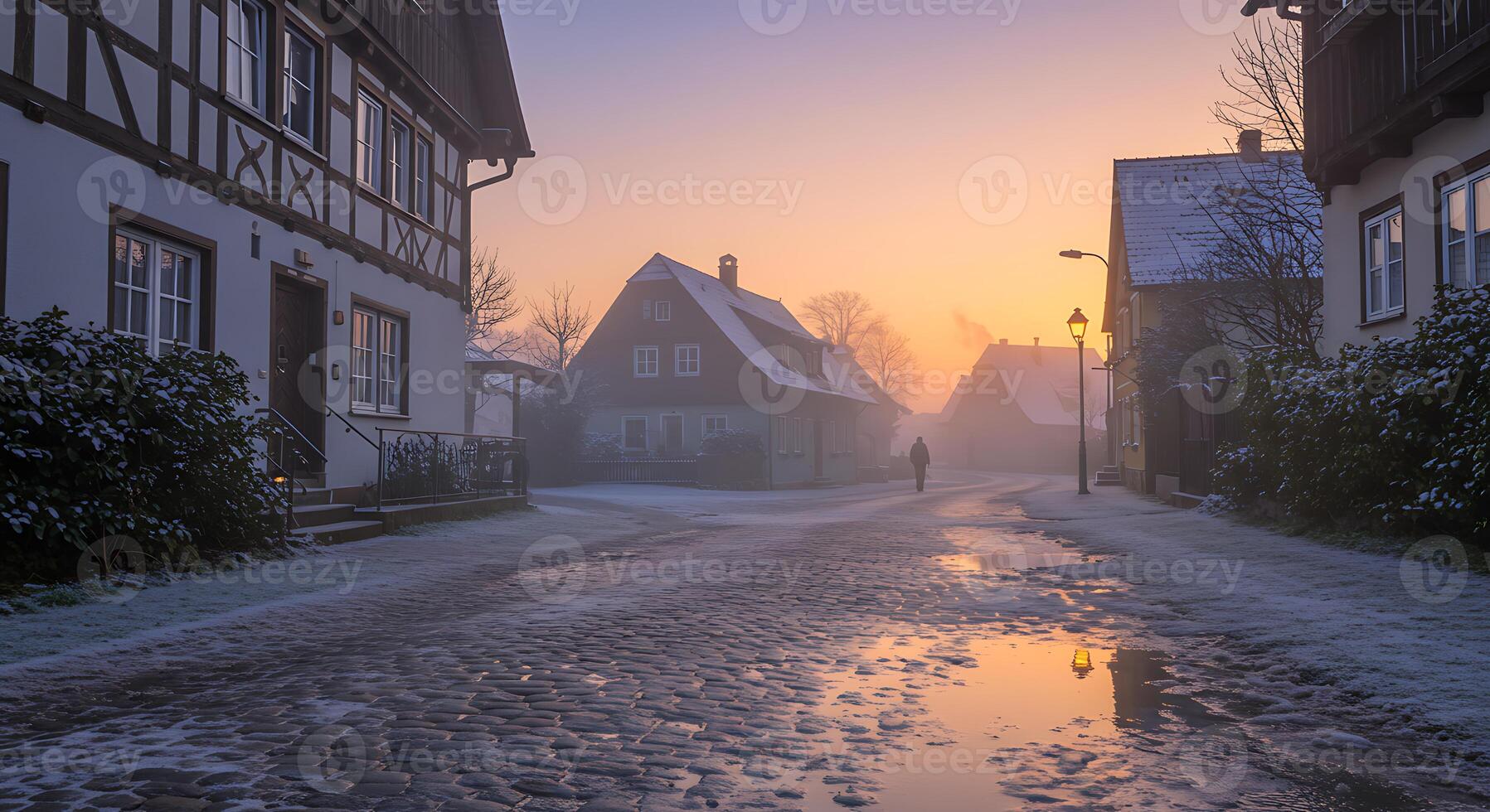 Walking on Cobblestone Street in Snowy Village at Sunrise photo