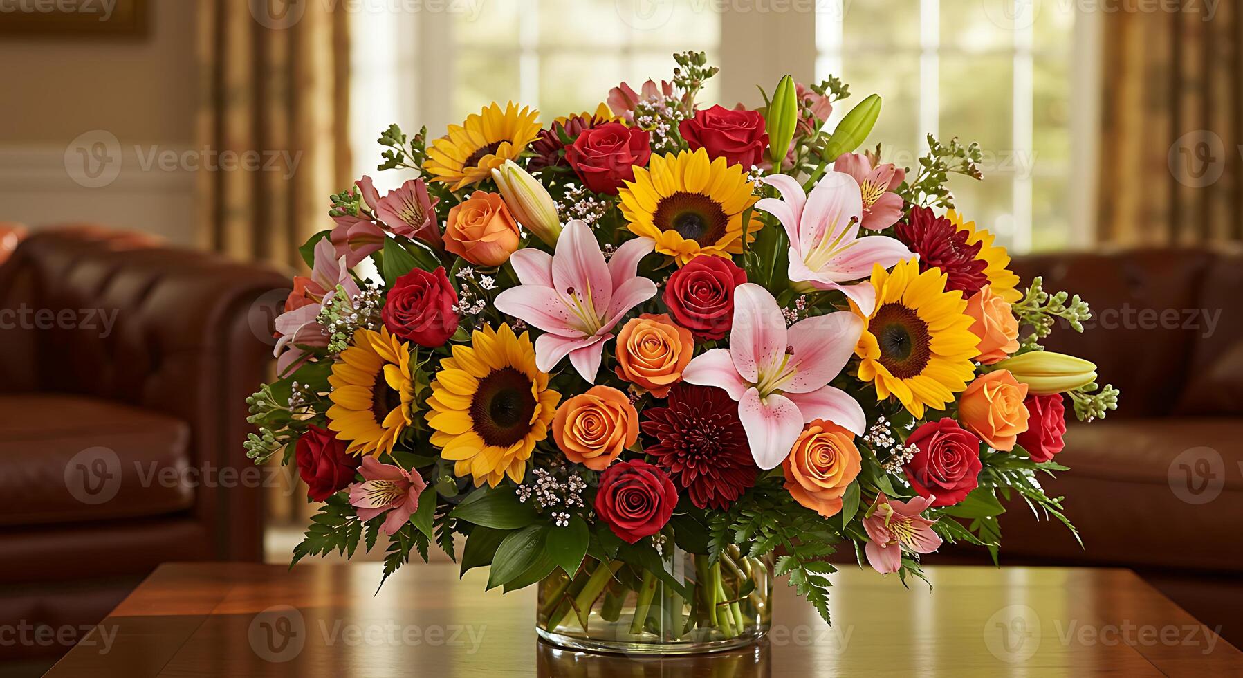 Floral Arrangement with Sunflowers Roses and Lilies in Vase photo