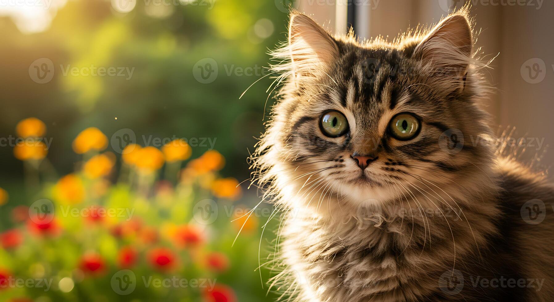 Cat Portrait Near Window with Natural Light and Garden View photo