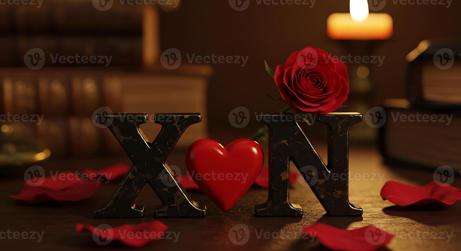 Romantic Still Life with Rose, Heart, and Candle photo