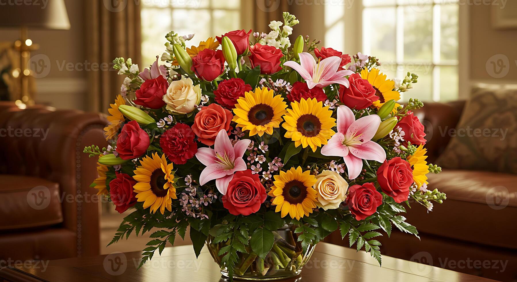 Floral Arrangement with Roses, Sunflowers, and Lilies on Table photo