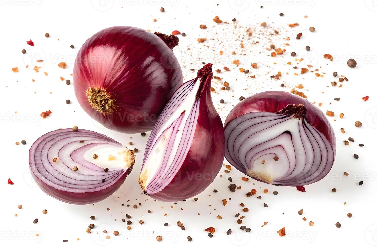 Sliced and whole red onions with scattered spices on white background. photo