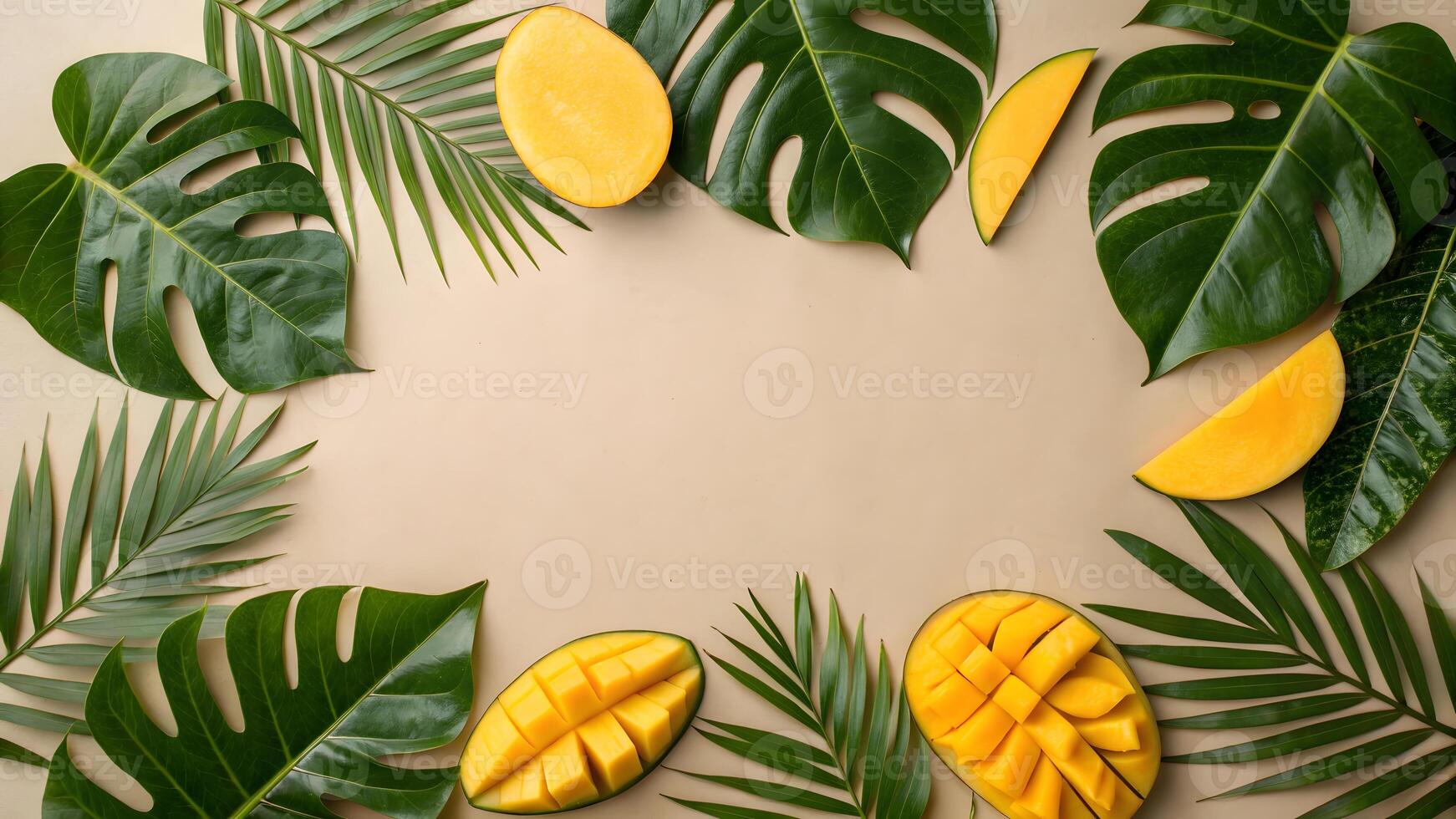 Tropical mango slices arranged with green leaves on a neutral background photo