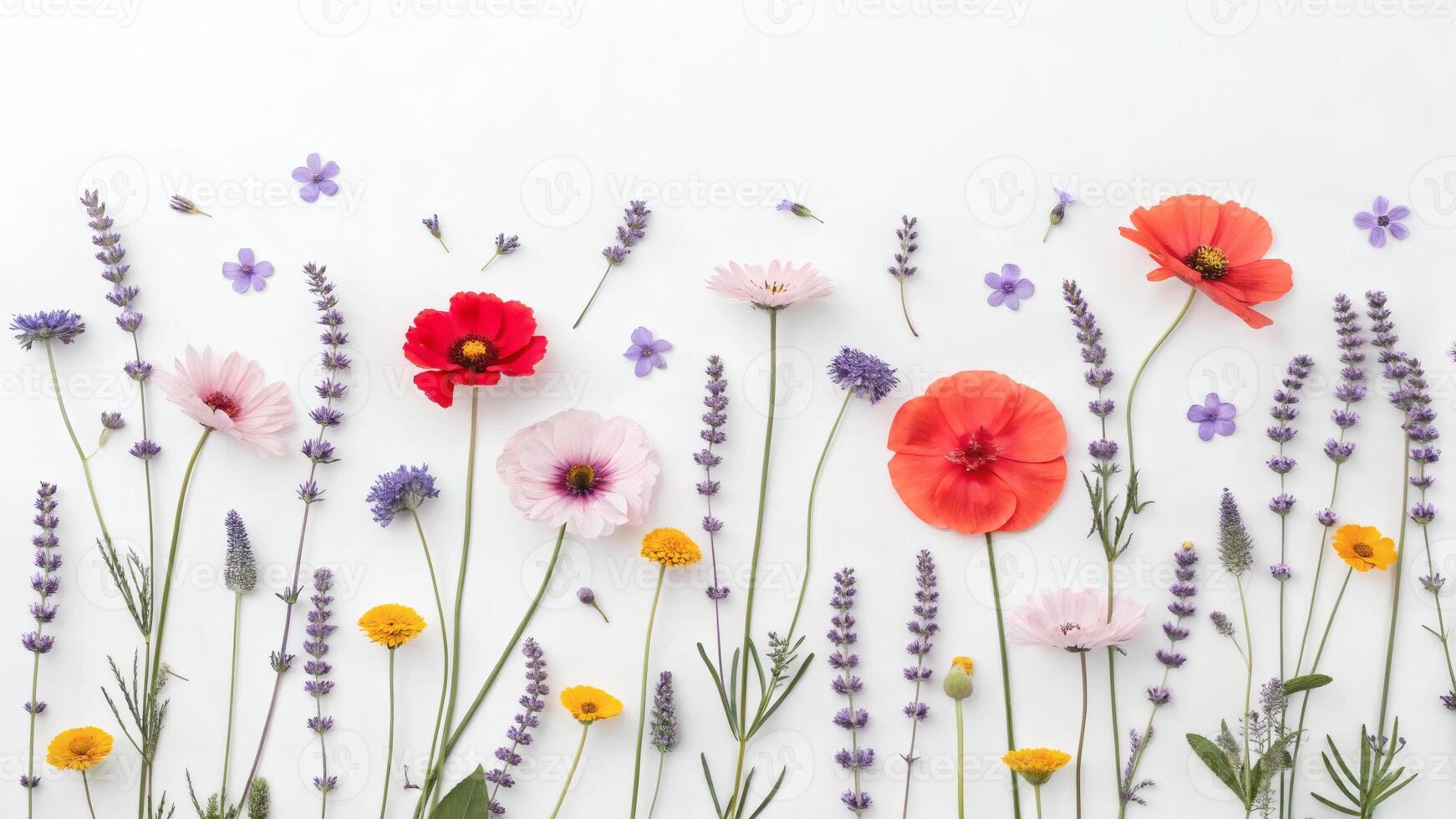 Colorful spring flowers arranged in rows on white background, top view. photo