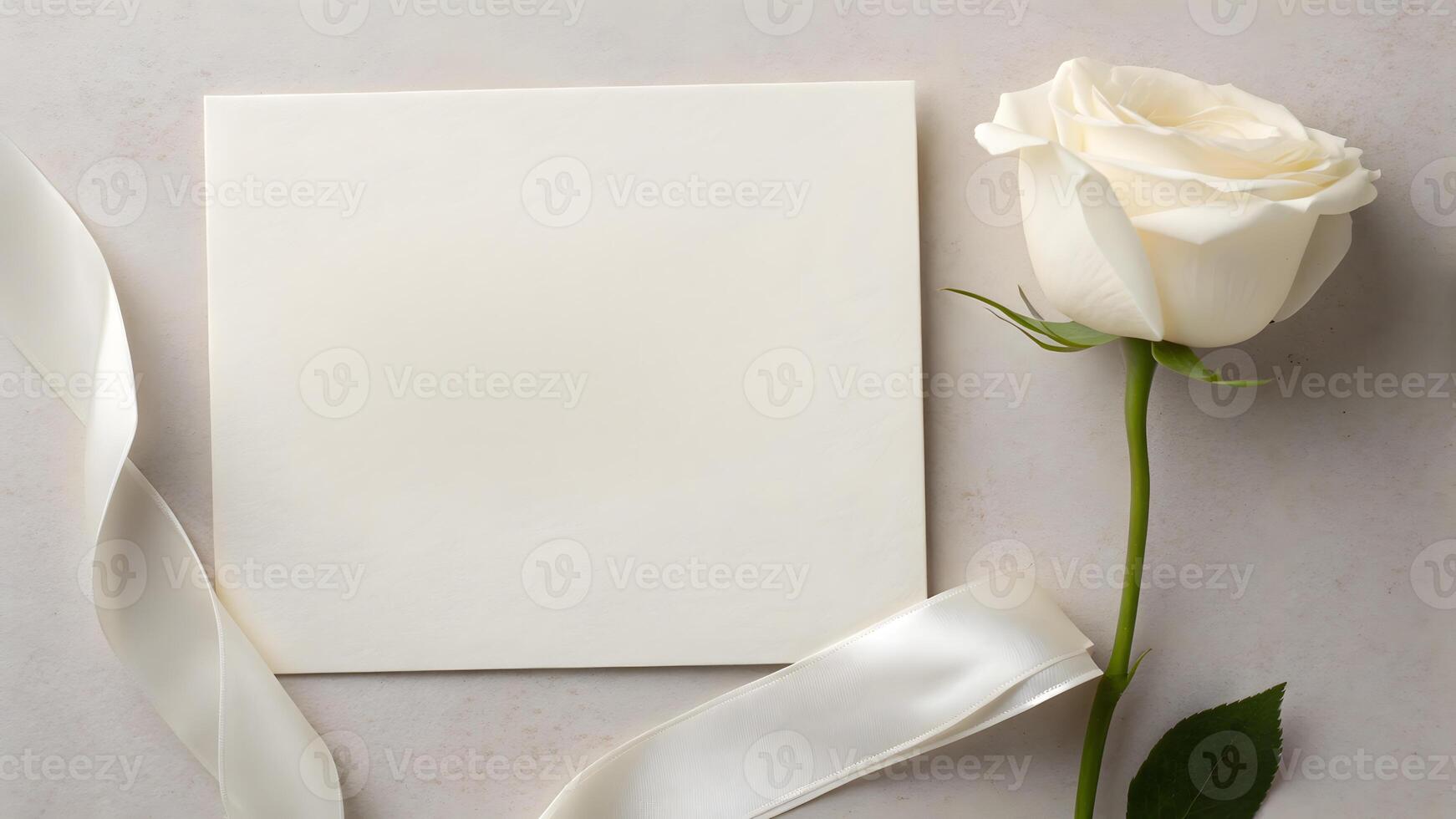 Blank ivory card with white rose and satin ribbon on light background. photo