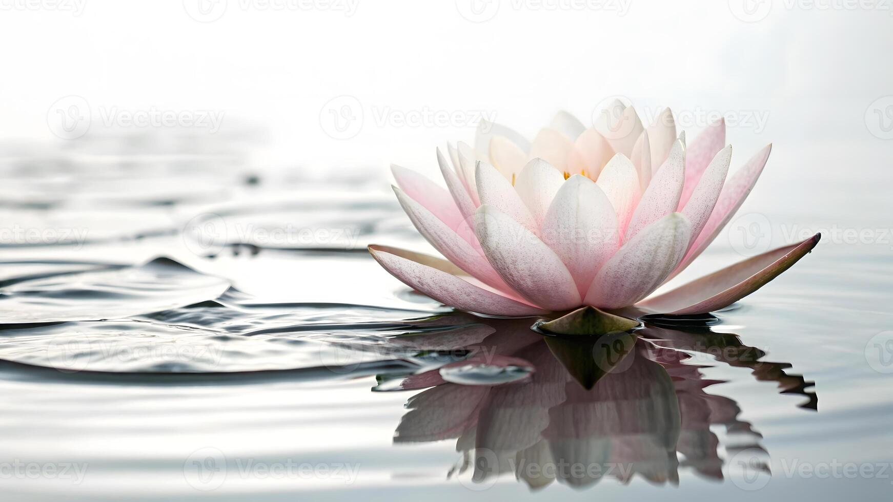 Beautiful pink water lily blooming on tranquil water surface at dawn photo