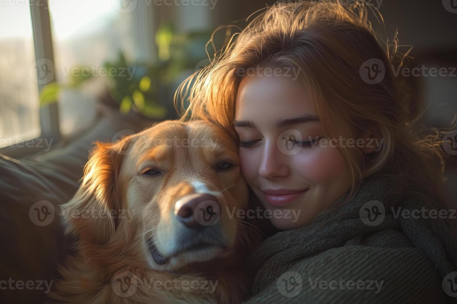 A woman embraces her golden retriever in the warm sun, sharing a joyful, euphoric moment. photo