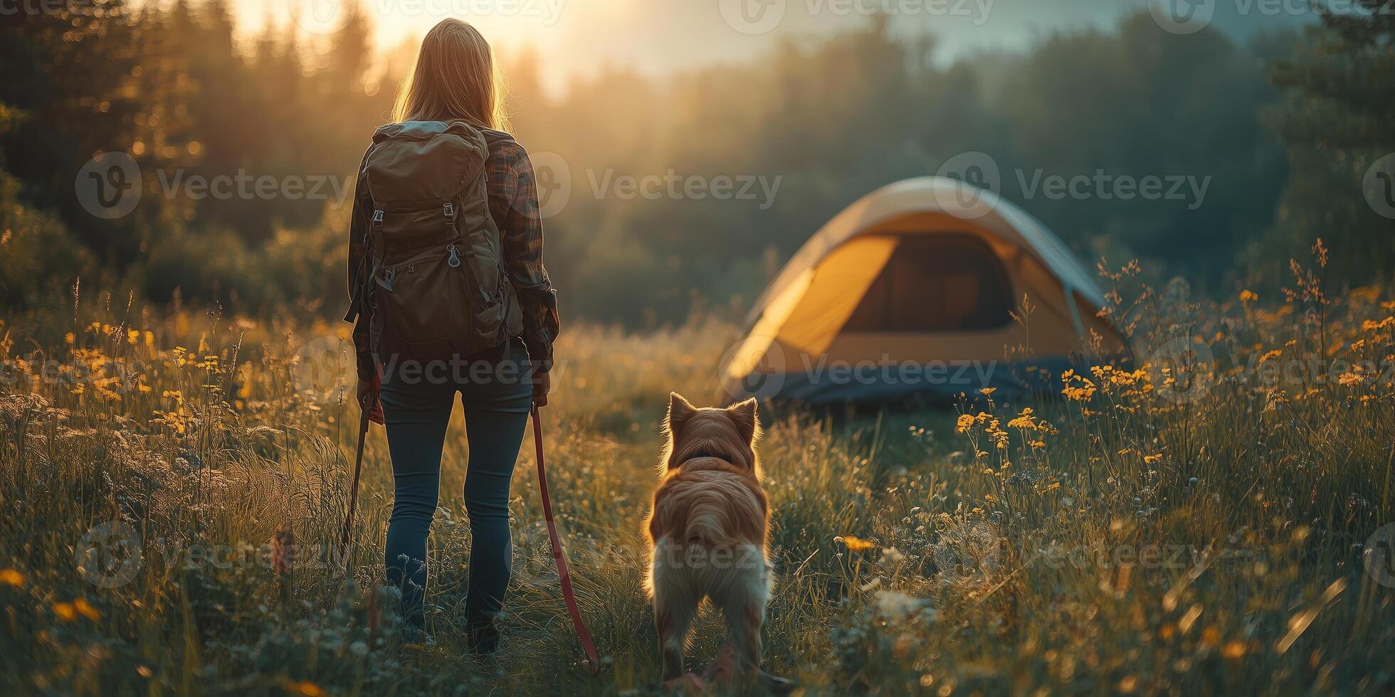 A woman and her dog explore the lush forest, the pet happily on a leash as they enjoy the morning hike photo