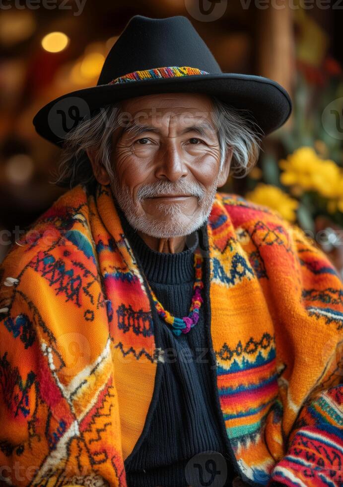 an elder storyteller at an Inti Raymi celebration, sitting in a decorated space, traditional textiles and ceremonial items around, a small audience listening attentively, warm evening glow photo