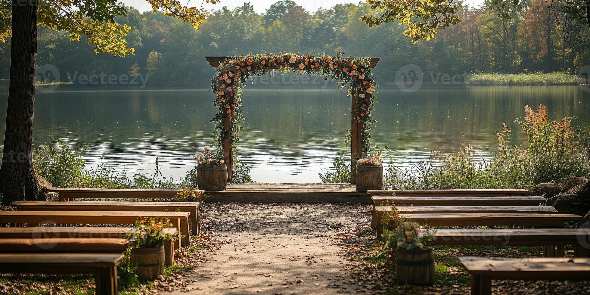 a boho style wedding setup by a serene lake, featuring a decorated arch and wooden benches, surrounded by trees, blank right side for text photo