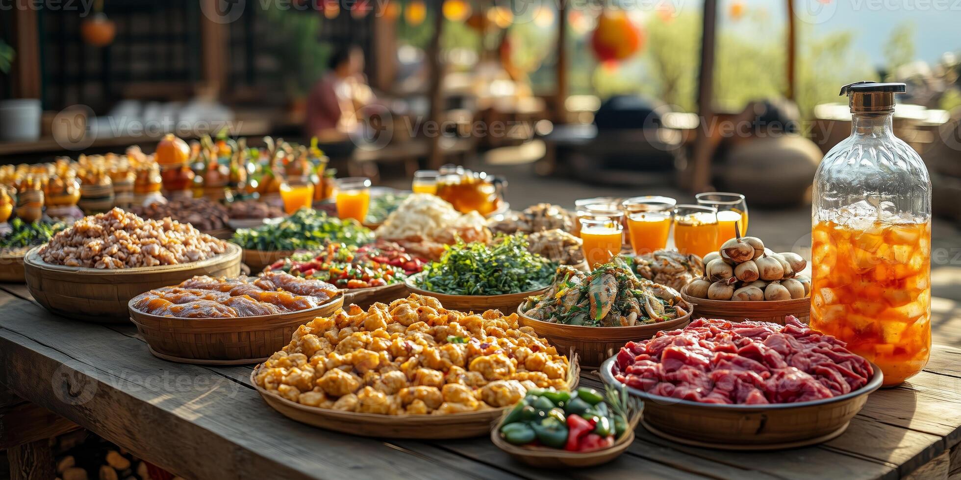 a Naadam feast table set outdoors, showcasing traditional Mongolian dishes and drinks photo